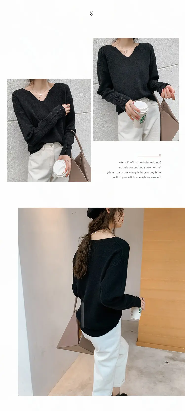 Women V-Neck Lazy Knit Sweater Cream Long Sleeve — feature 14