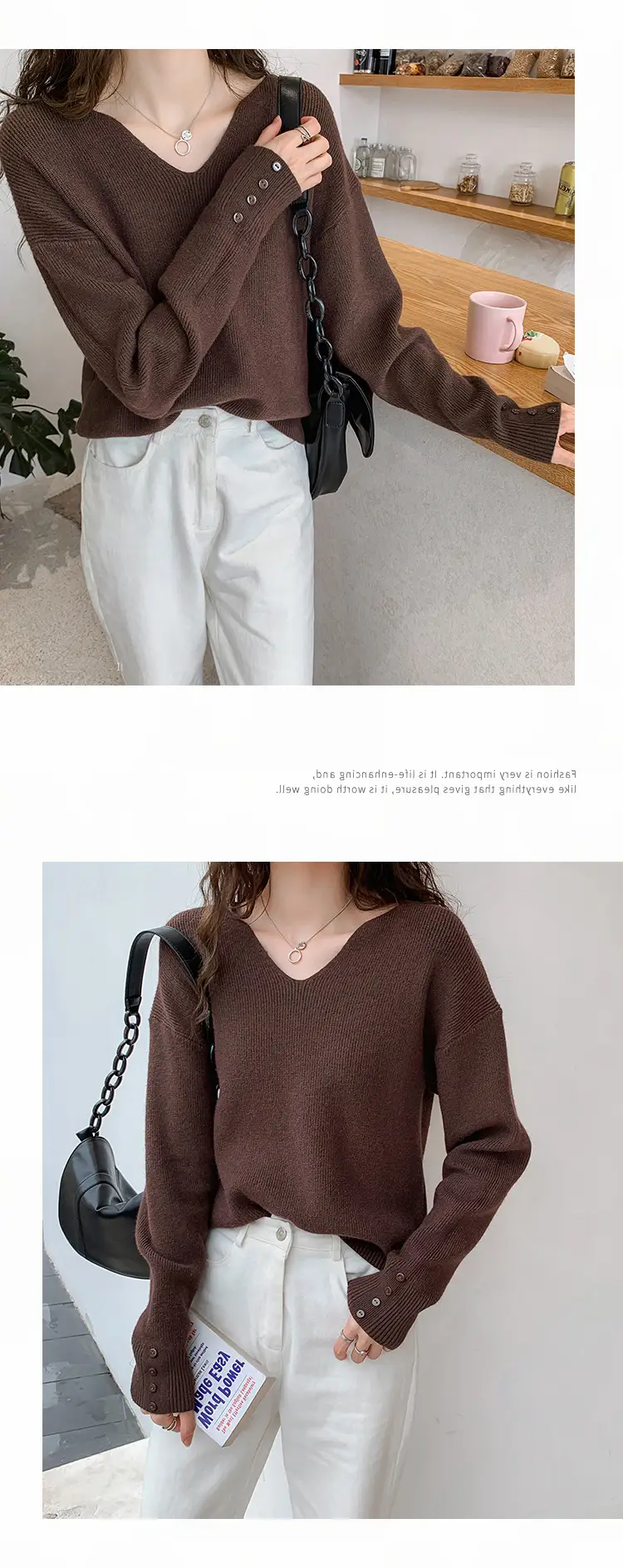 Women V-Neck Lazy Knit Sweater Cream Long Sleeve — feature 15