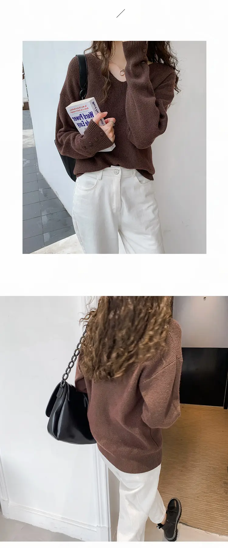 Women V-Neck Lazy Knit Sweater Cream Long Sleeve — feature 16