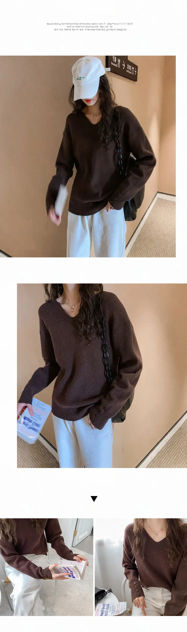 Women V-Neck Lazy Knit Sweater Cream Long Sleeve — feature 17