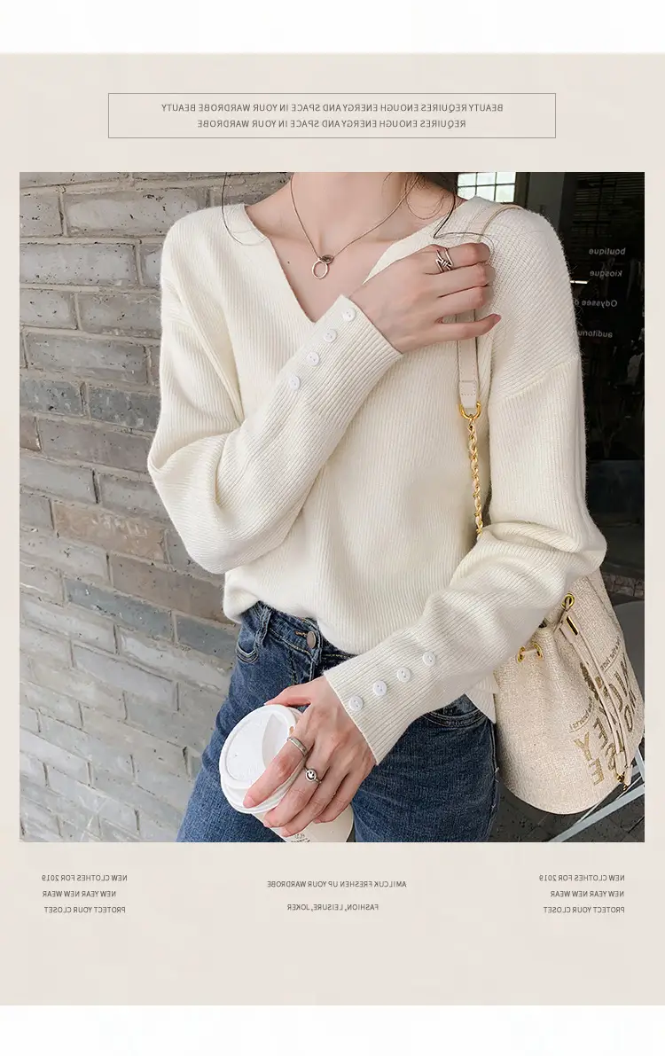 Women V-Neck Lazy Knit Sweater Cream Long Sleeve — feature 2