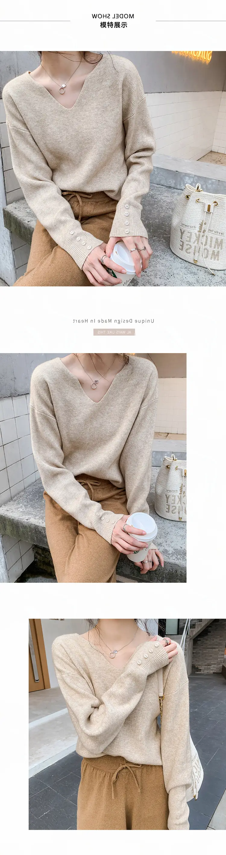 Women V-Neck Lazy Knit Sweater Cream Long Sleeve — feature 6