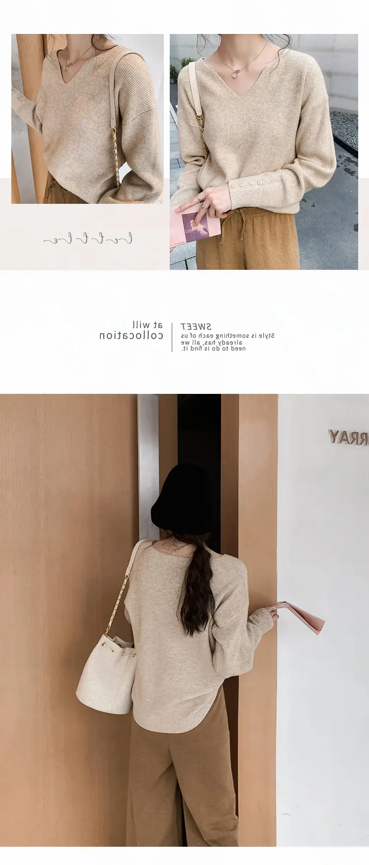 Women V-Neck Lazy Knit Sweater Cream Long Sleeve — feature 7