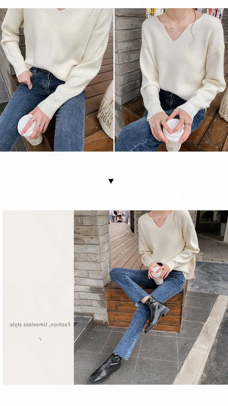 Women V-Neck Lazy Knit Sweater Cream Long Sleeve — feature 8