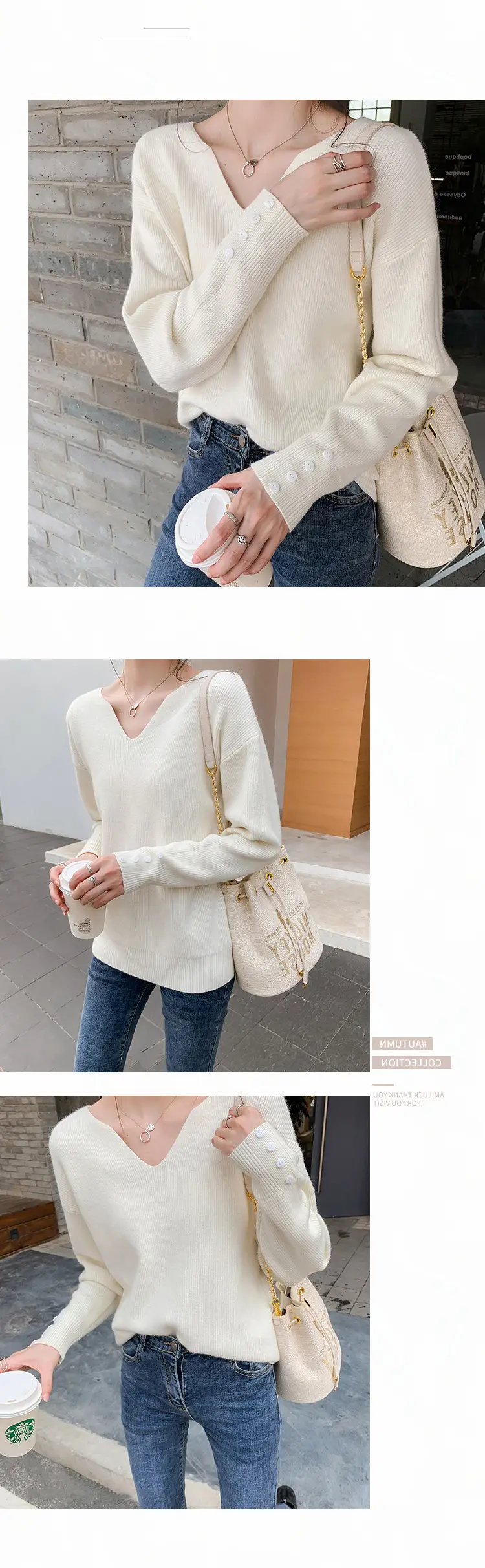 Women V-Neck Lazy Knit Sweater Cream Long Sleeve — feature 9
