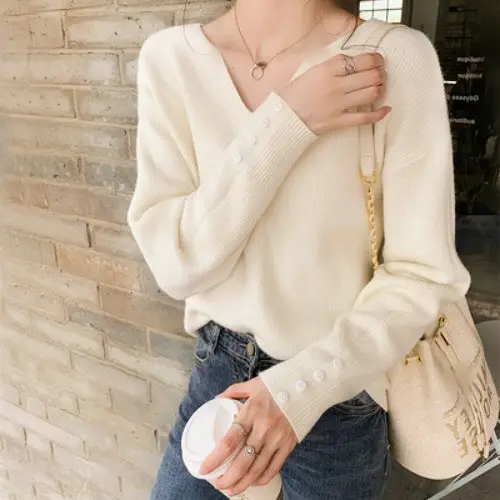 Women V-Neck Lazy Knit Sweater Cream Long Sleeve - Image 3