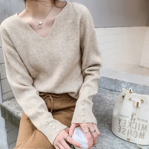 Women V-Neck Lazy Knit Sweater Cream Long Sleeve - Image 5