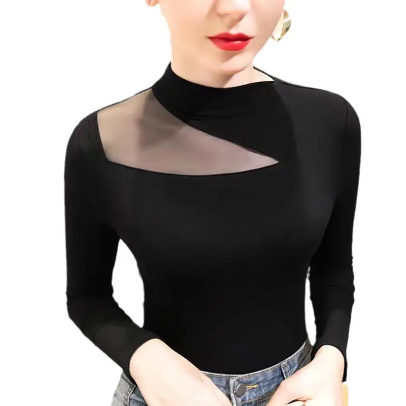 Black Hollow Splicing Off-Shoulder Top - Image 8
