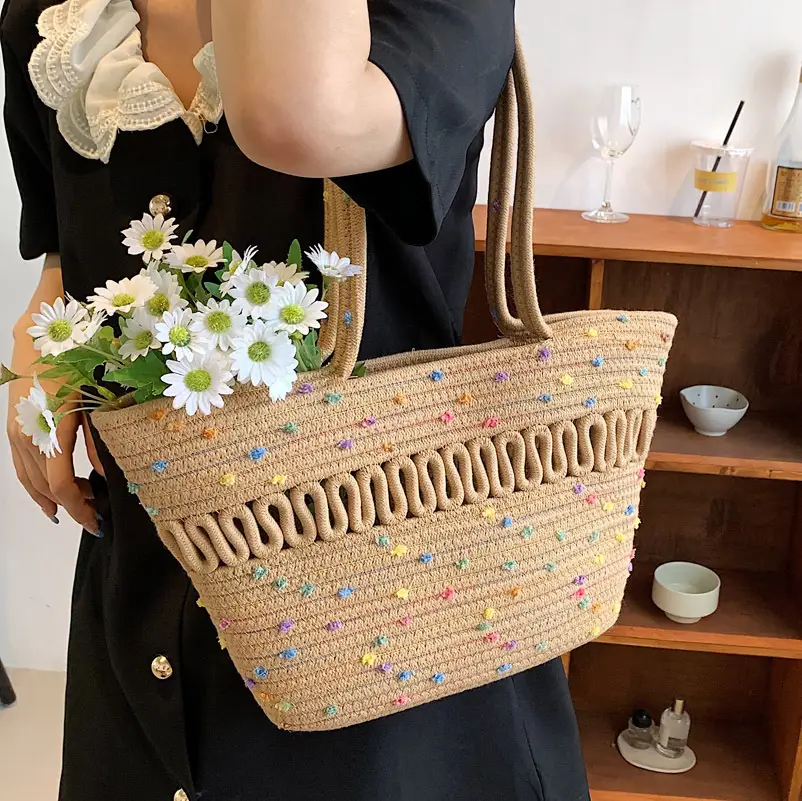 Women's Straw Bucket Bag with Colorful Stars & White Handle - Image 3