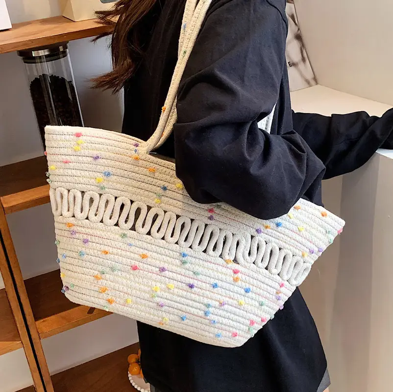 Women's Straw Bucket Bag with Colorful Stars & White Handle - Image 4