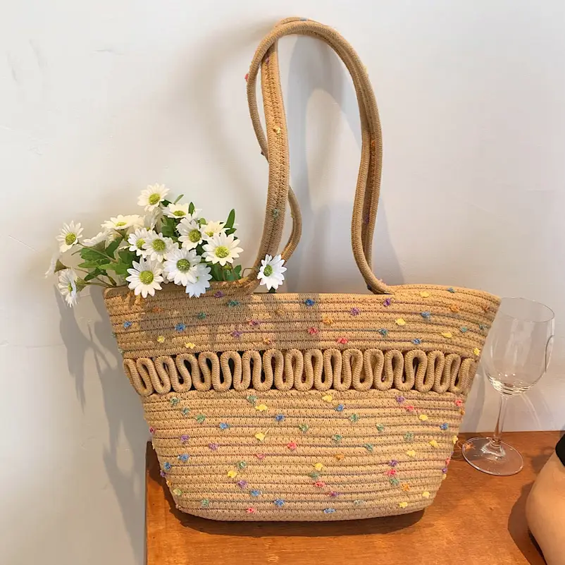 Women's Straw Bucket Bag with Colorful Stars & White Handle - Image 5