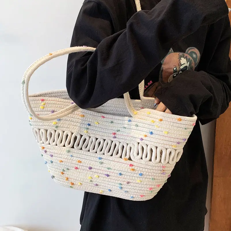 Women's Straw Bucket Bag with Colorful Stars & White Handle - Image 6