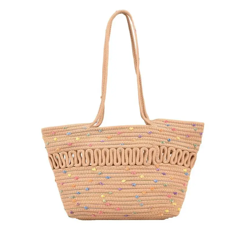 Women's Straw Bucket Bag with Colorful Stars & White Handle - Image 7