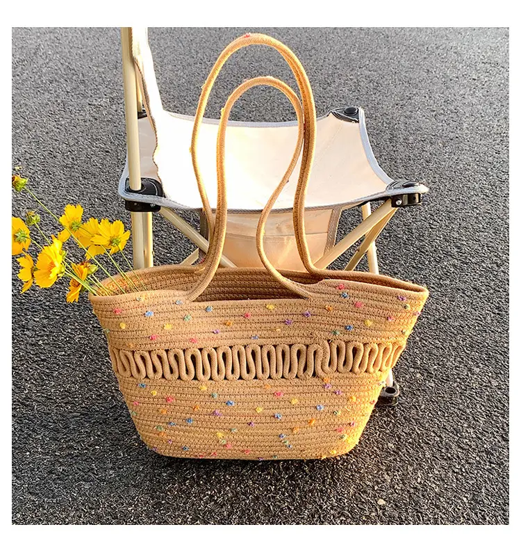 Women's Straw Bucket Bag with Colorful Stars & White Handle — feature 10