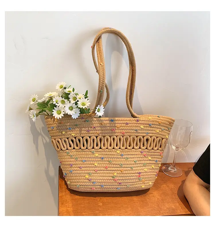 Women's Straw Bucket Bag with Colorful Stars & White Handle — feature 11