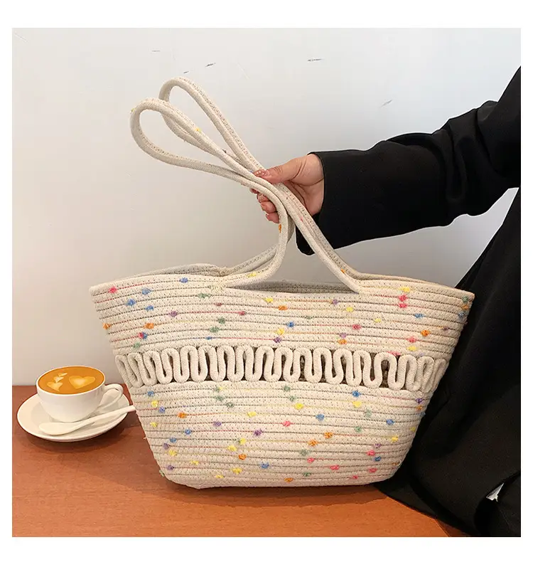 Women's Straw Bucket Bag with Colorful Stars & White Handle — feature 12