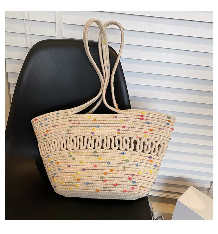 Women's Straw Bucket Bag with Colorful Stars & White Handle — feature 13