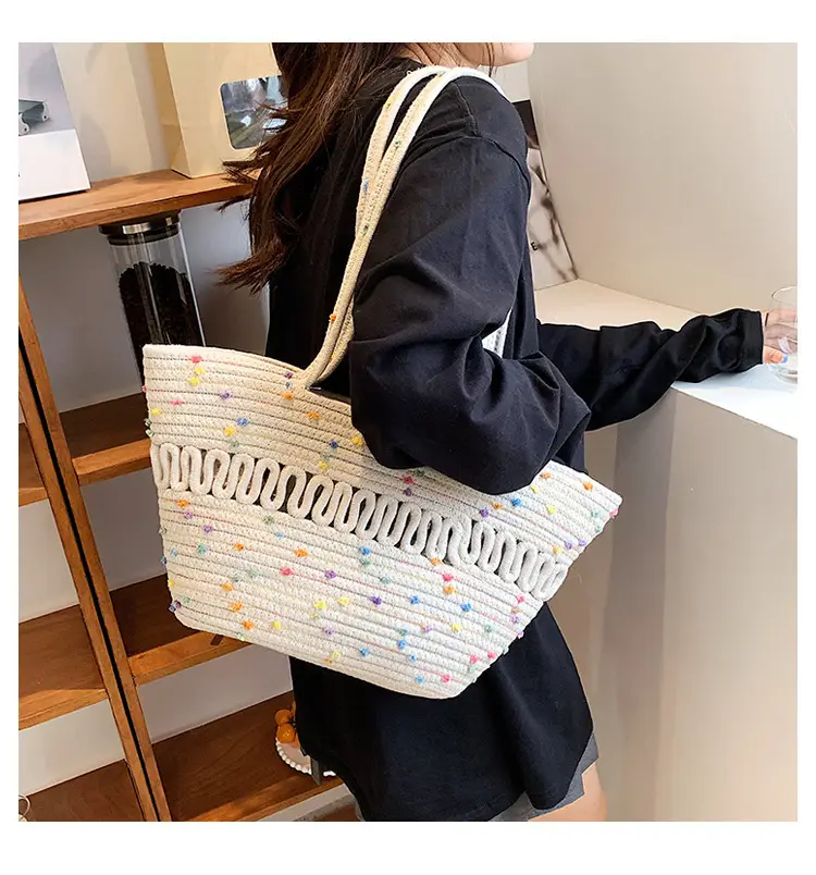 Women's Straw Bucket Bag with Colorful Stars & White Handle — feature 14