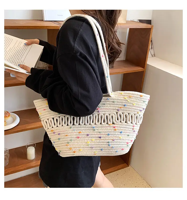 Women's Straw Bucket Bag with Colorful Stars & White Handle — feature 15