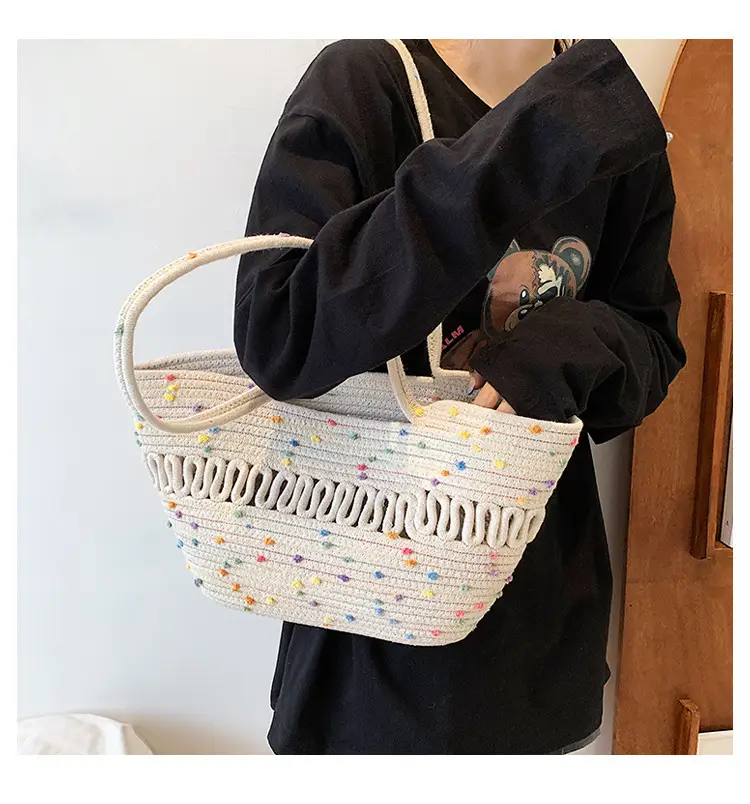Women's Straw Bucket Bag with Colorful Stars & White Handle — feature 16
