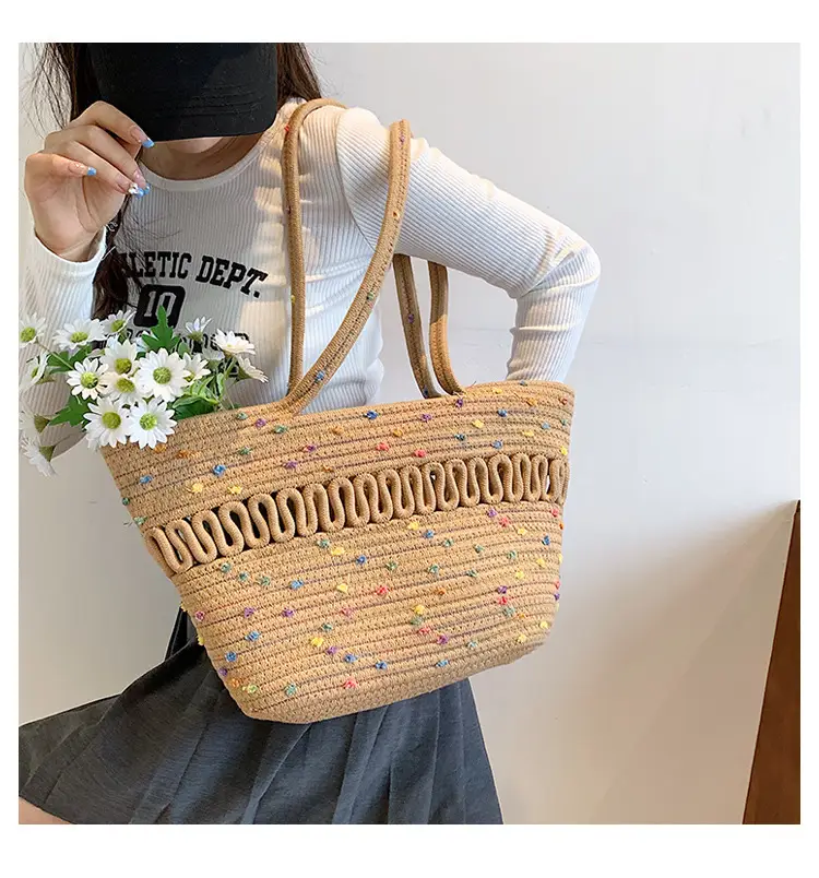 Women's Straw Bucket Bag with Colorful Stars & White Handle — feature 17