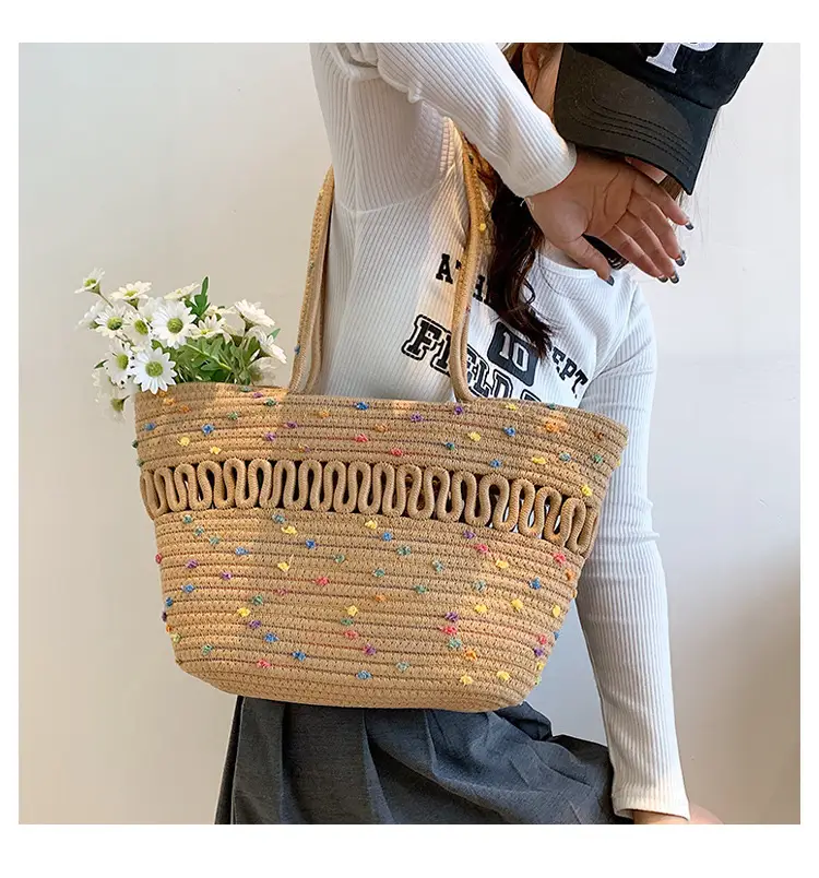Women's Straw Bucket Bag with Colorful Stars & White Handle — feature 18