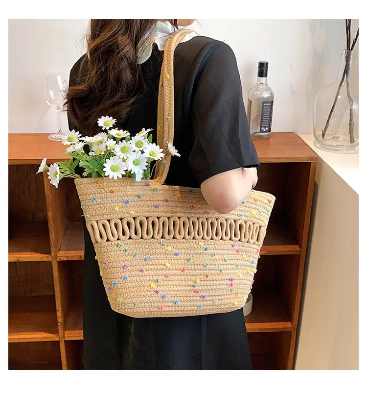 Women's Straw Bucket Bag with Colorful Stars & White Handle — feature 19