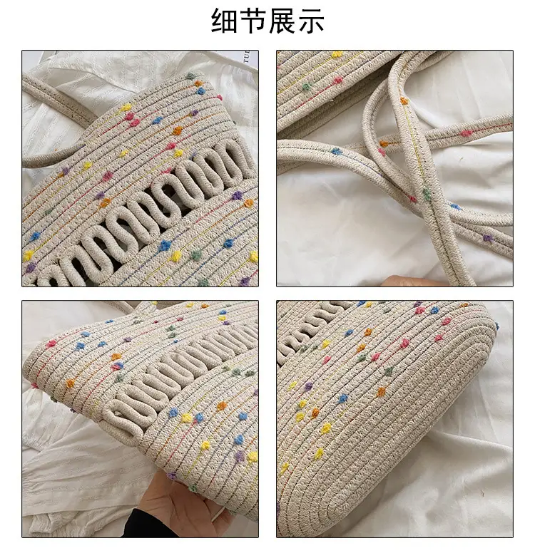Women's Straw Bucket Bag with Colorful Stars & White Handle — feature 5
