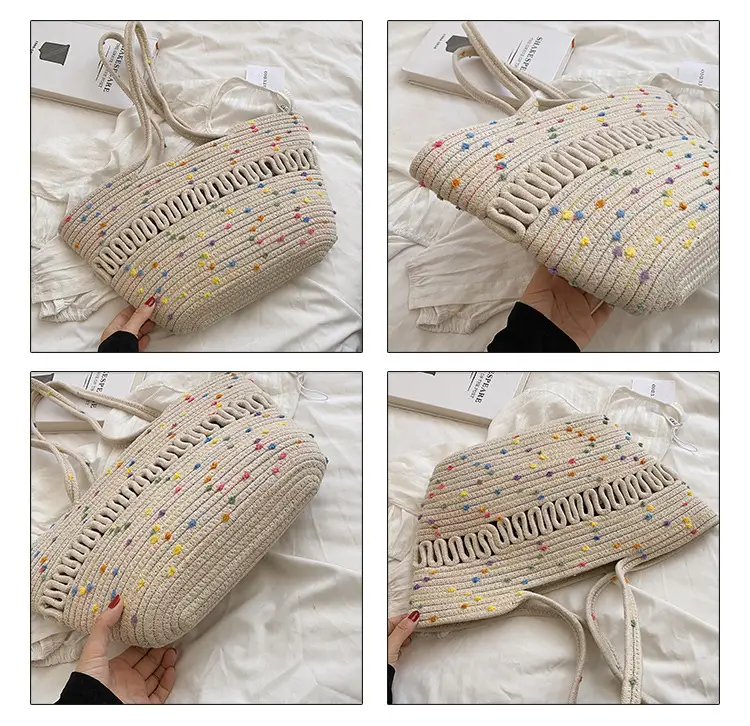 Women's Straw Bucket Bag with Colorful Stars & White Handle — feature 6