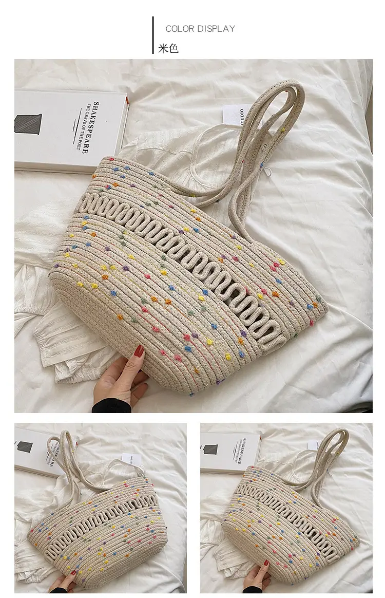 Women's Straw Bucket Bag with Colorful Stars & White Handle — feature 8