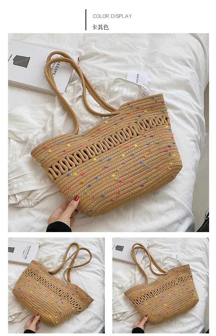 Women's Straw Bucket Bag with Colorful Stars & White Handle — feature 9