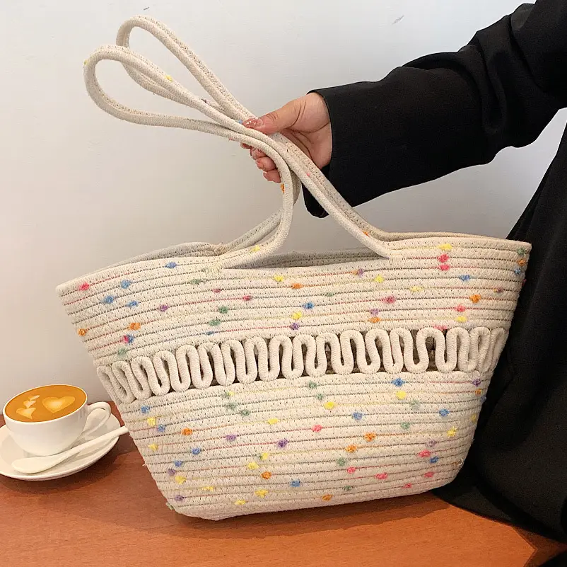 Women's Straw Bucket Bag with Colorful Stars & White Handle - Image 2