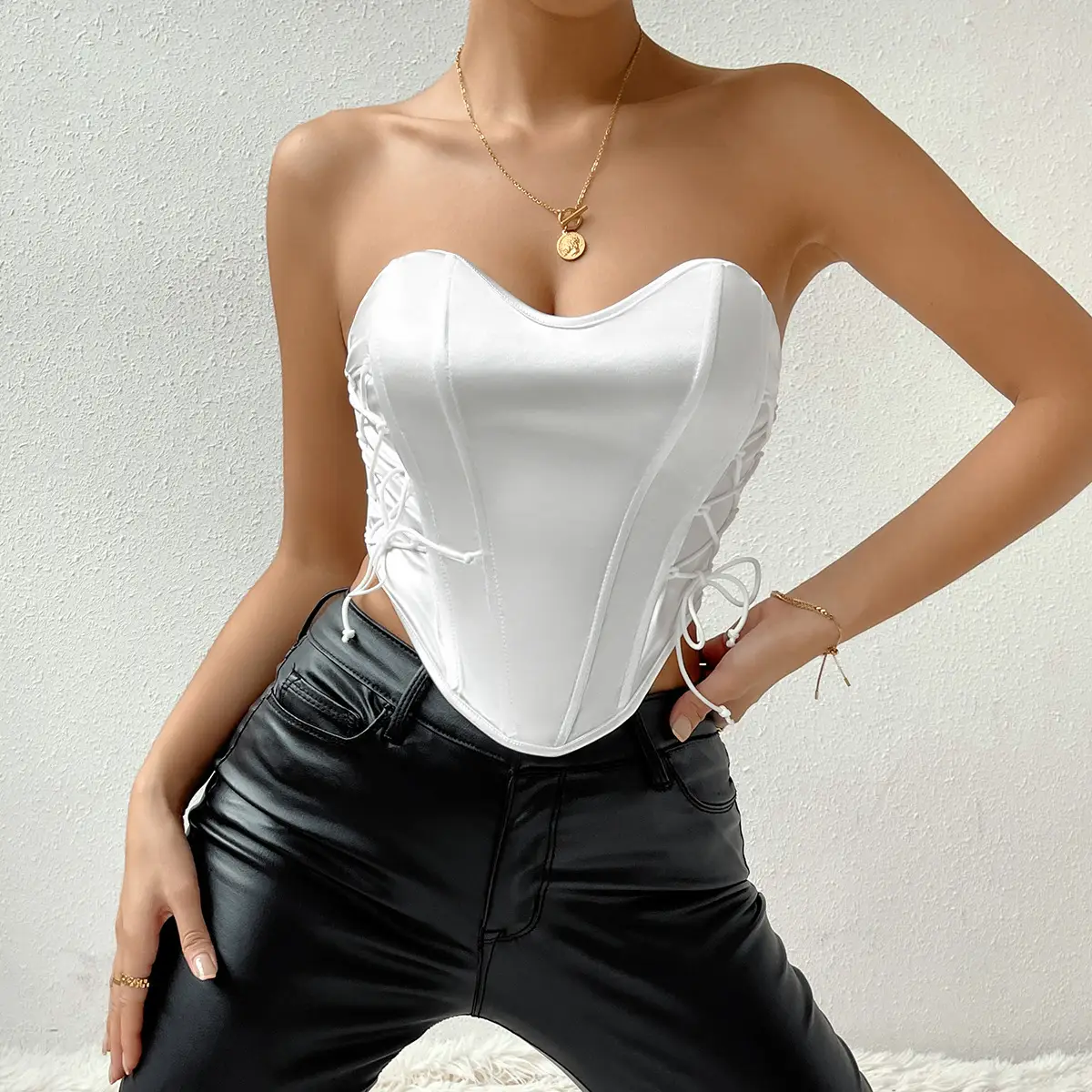 Black Lace-Up Chest Wrap Vest with Fishbone Waist - Image 5