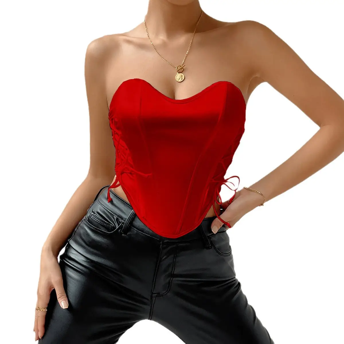 Black Lace-Up Chest Wrap Vest with Fishbone Waist - Image 7