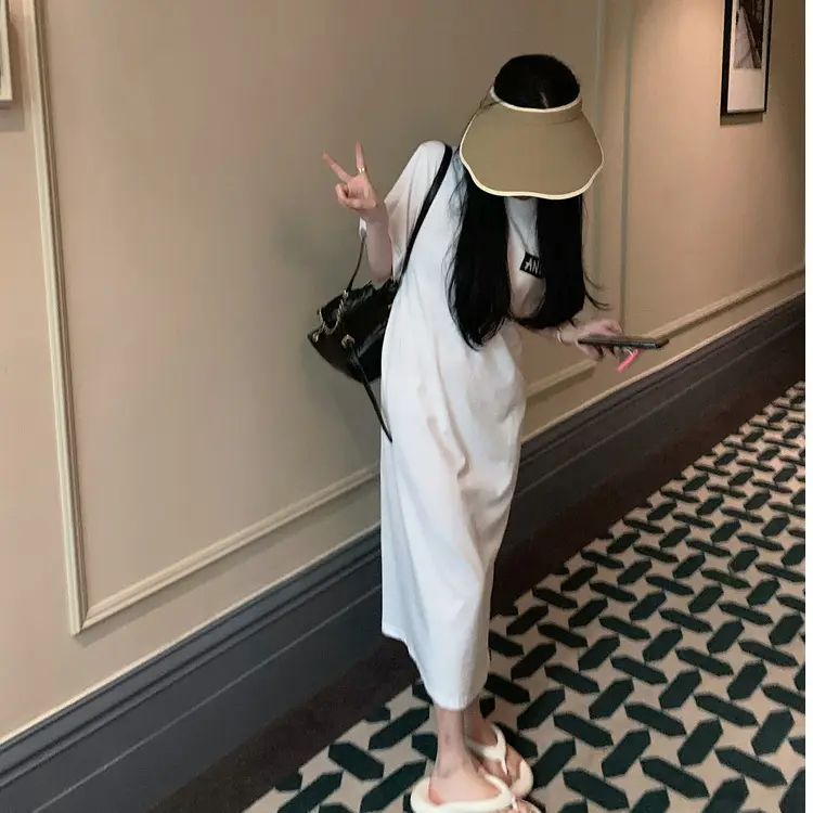 Women Korean Style Printed T-Shirt Dress White 2022 - Image 6