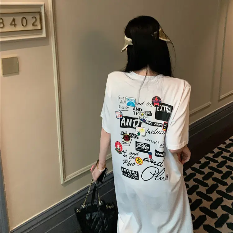 Women Korean Style Printed T-Shirt Dress White 2022 - Image 7