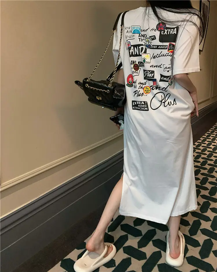 Women Korean Style Printed T-Shirt Dress White 2022 — feature 18