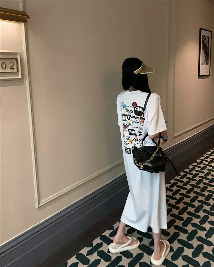 Women Korean Style Printed T-Shirt Dress White 2022 — feature 22