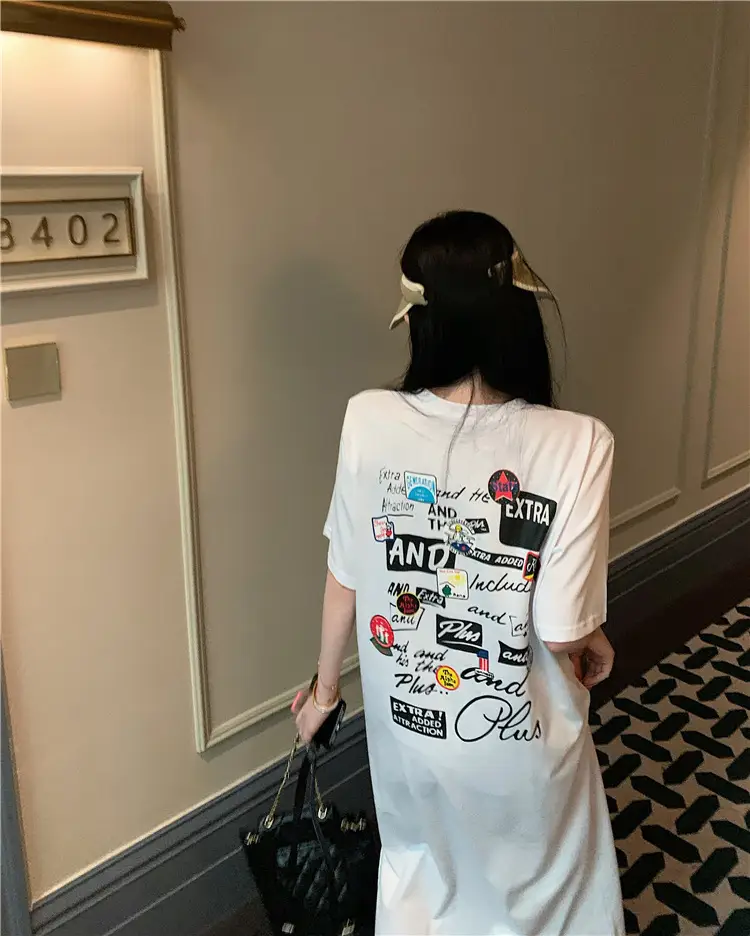 Women Korean Style Printed T-Shirt Dress White 2022 — feature 24