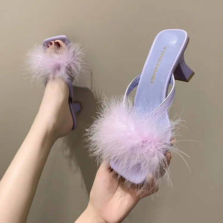 White Furry Flat Heels for Women Square Toe