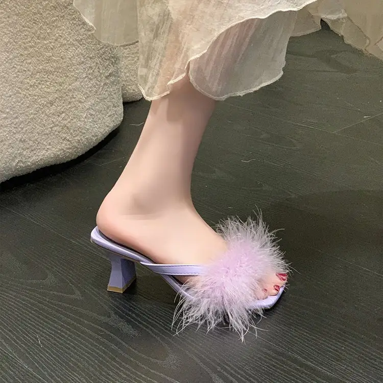 White Furry Flat Heels for Women Square Toe — feature 11