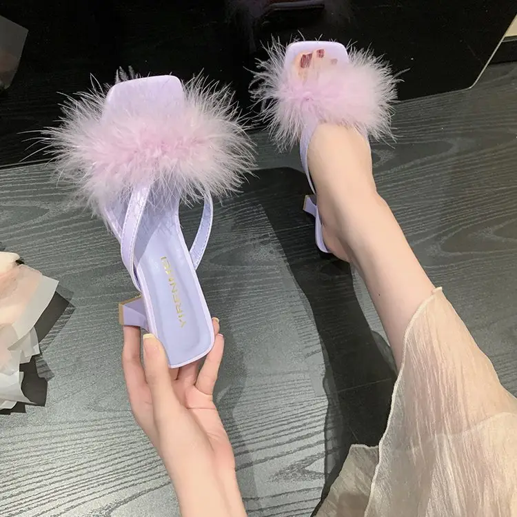 White Furry Flat Heels for Women Square Toe — feature 16