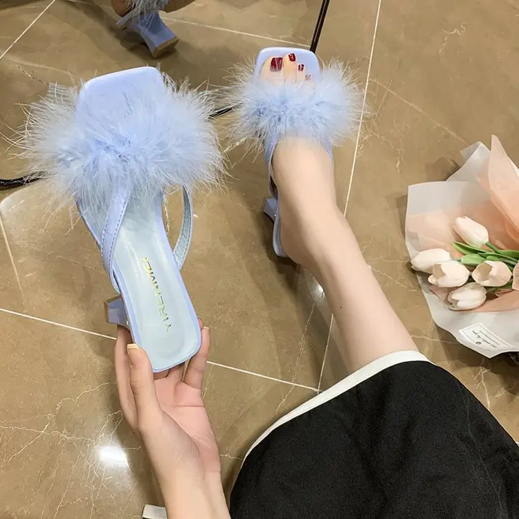 White Furry Flat Heels for Women Square Toe — feature 21