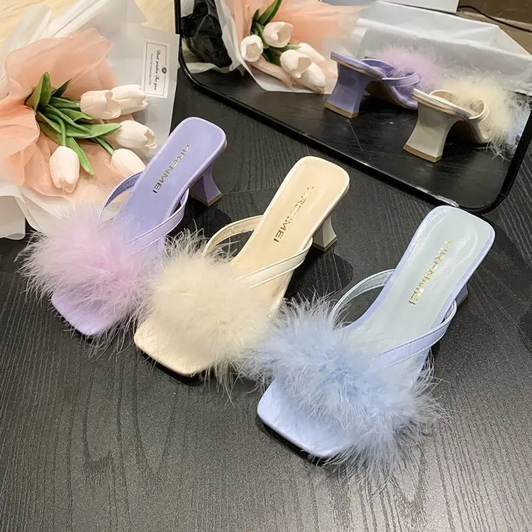 White Furry Flat Heels for Women Square Toe — feature 24