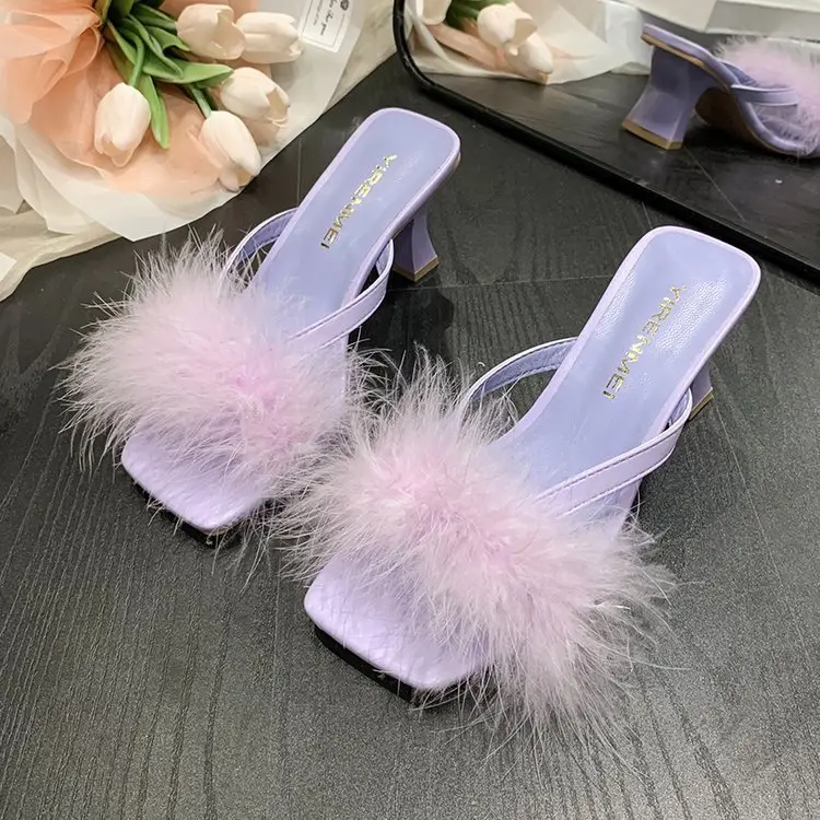White Furry Flat Heels for Women Square Toe — feature 26