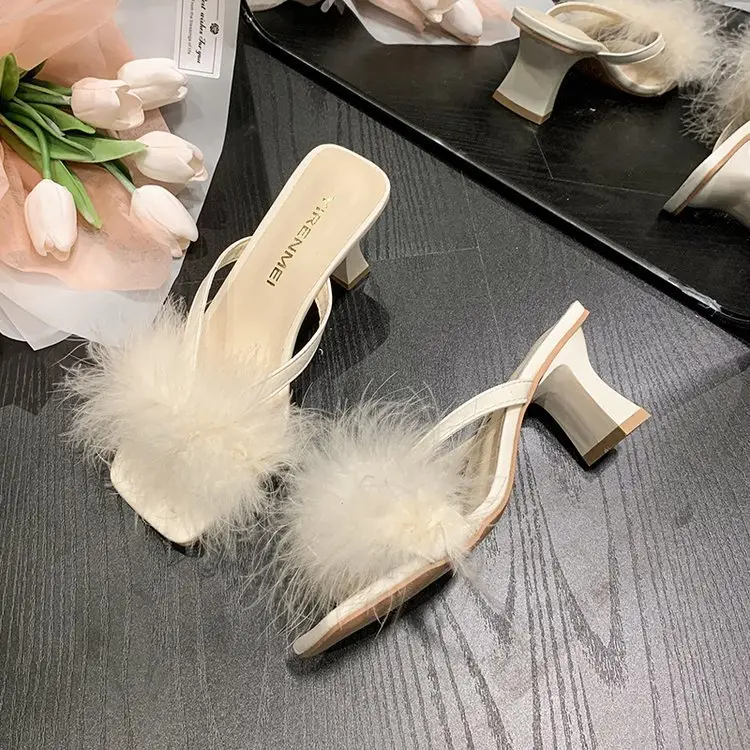 White Furry Flat Heels for Women Square Toe — feature 28