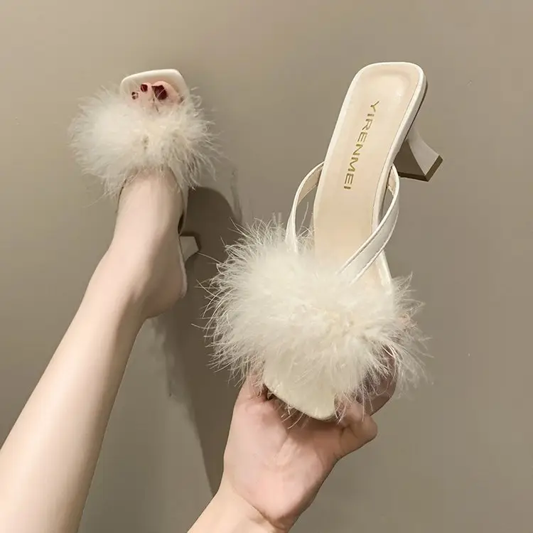 White Furry Flat Heels for Women Square Toe — feature 6