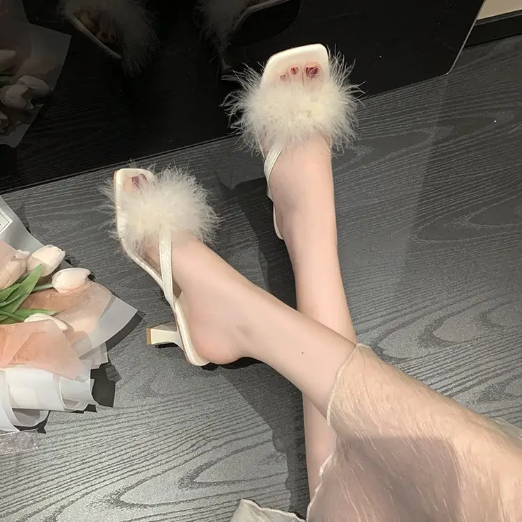 White Furry Flat Heels for Women Square Toe — feature 7