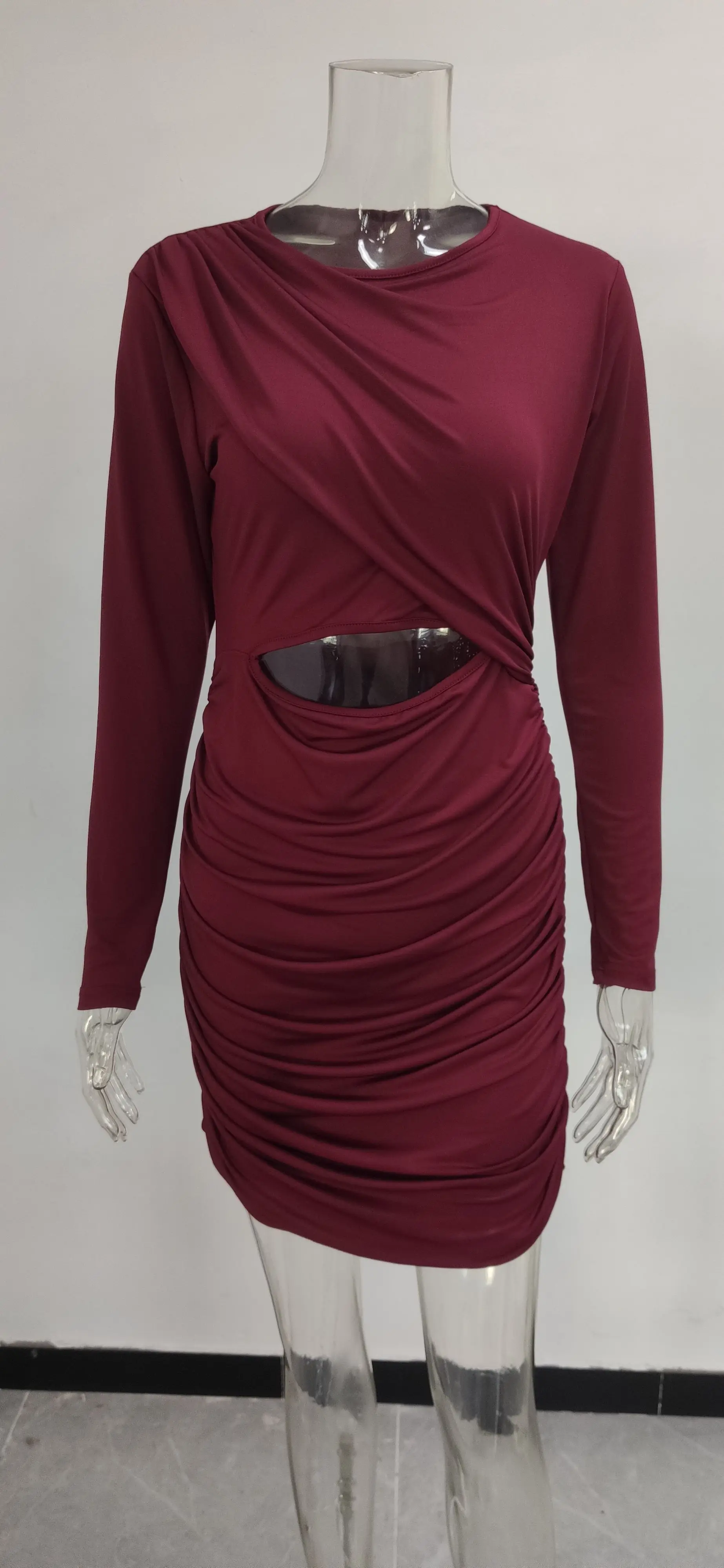 Long Sleeve Pleated Hollow Dress for Women Olive Green — feature 35
