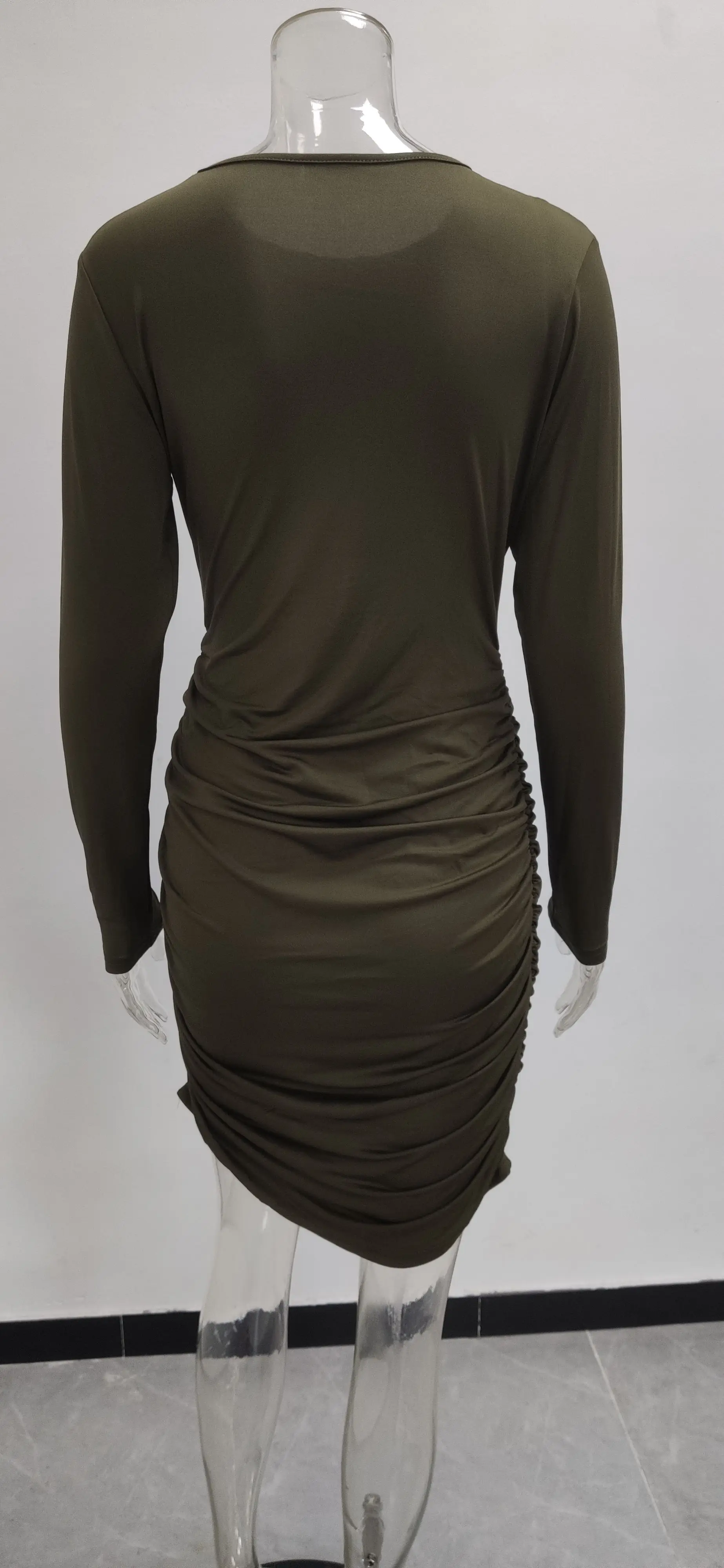 Long Sleeve Pleated Hollow Dress for Women Olive Green — feature 37
